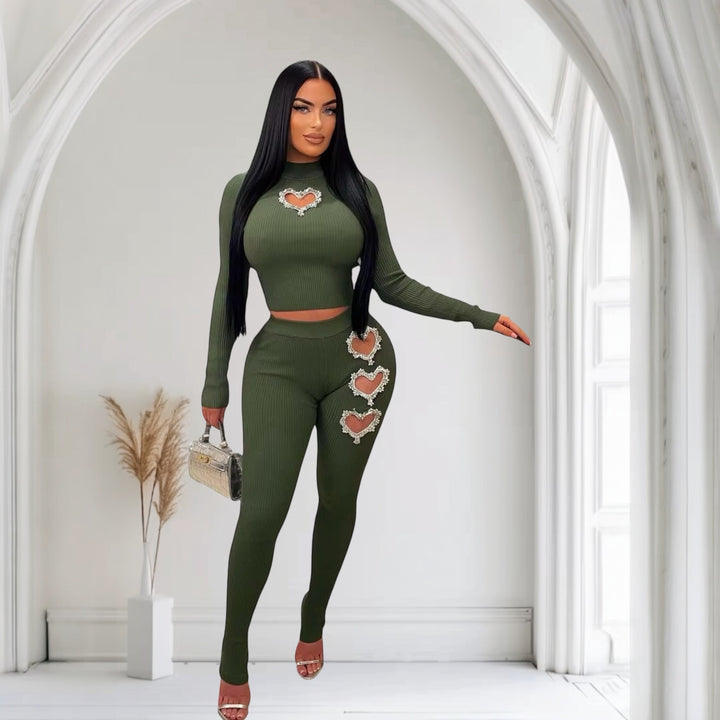 Heart Print Hollow Knitted Women Sets