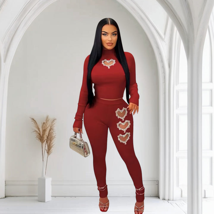 Heart Print Hollow Knitted Women Sets