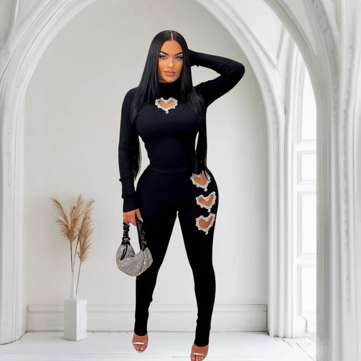 Heart Print Hollow Knitted Women Sets