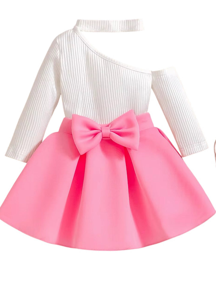Distinctive Crossover Shoulder Long Sleeve Top Waist Skirt Bow Sets