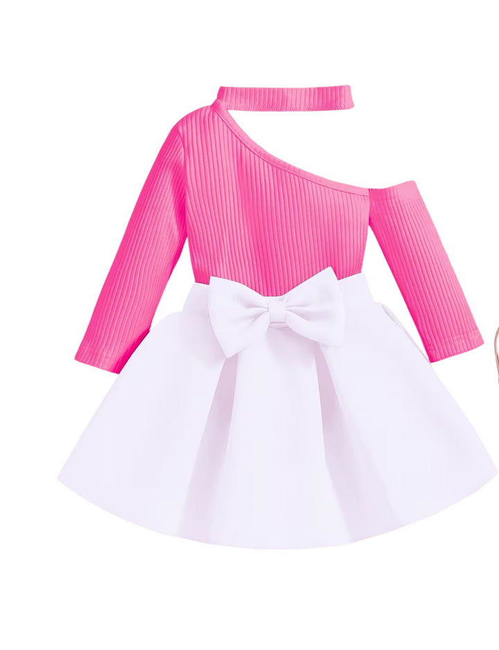 Distinctive Crossover Shoulder Long Sleeve Top Waist Skirt Bow Sets