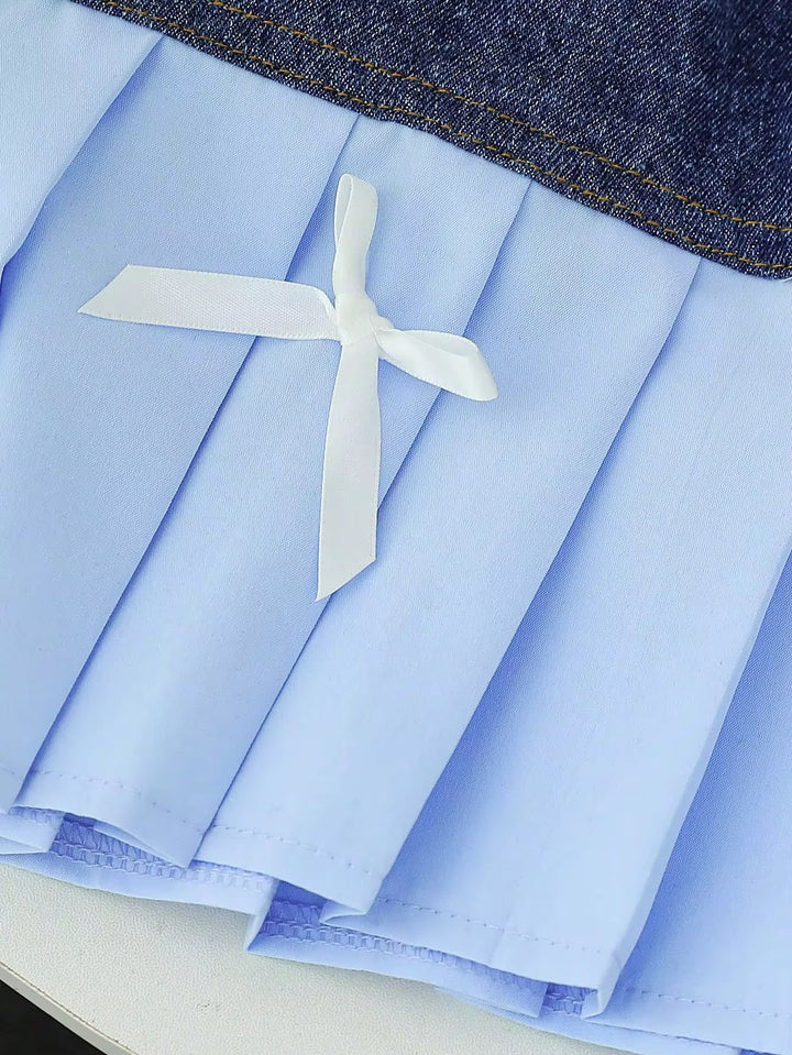 Lotus Leaf Collar Fly Sleeves Top with Bow Denim Stitching Skirt.