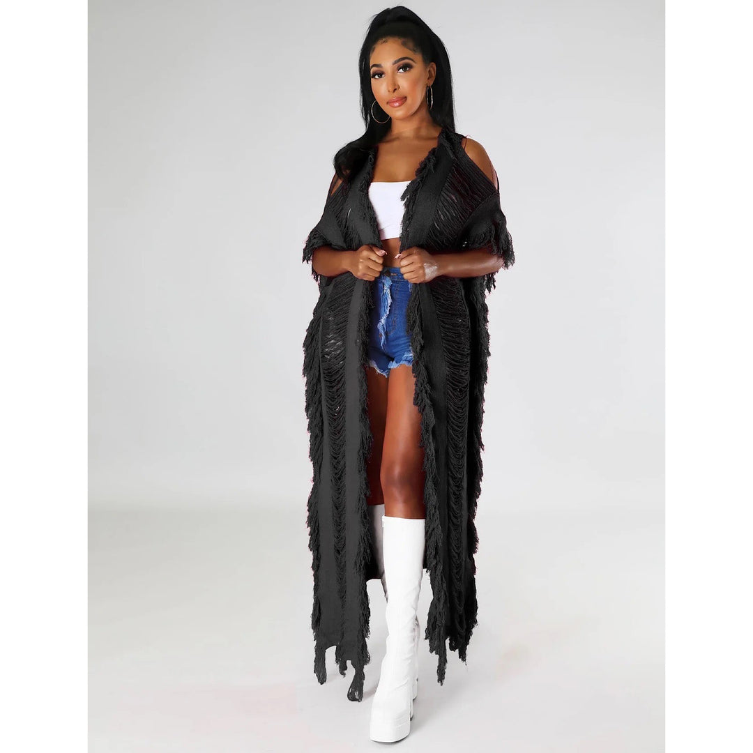 Elegant Knit Ribbed Short Sleeve Hole Tassel Side Maxi Long Cardigan Sweater Capes Ponchos Outcast