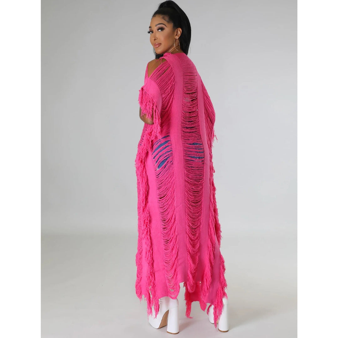 Elegant Knit Ribbed Short Sleeve Hole Tassel Side Maxi Long Cardigan Sweater Capes Ponchos Outcast