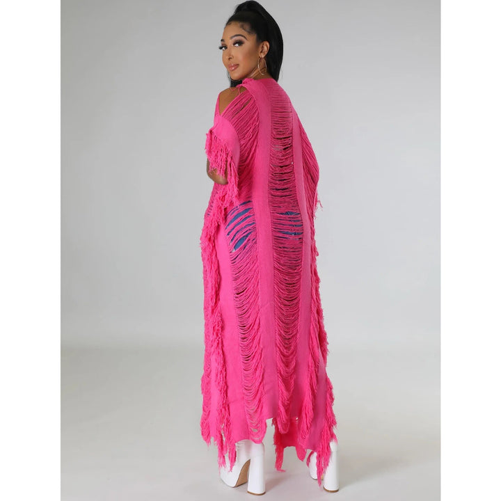 Elegant Knit Ribbed Short Sleeve Hole Tassel Side Maxi Long Cardigan Sweater Capes Ponchos Outcast