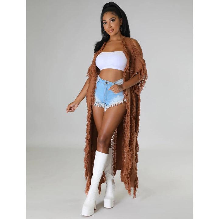 Elegant Knit Ribbed Short Sleeve Hole Tassel Side Maxi Long Cardigan Sweater Capes Ponchos Outcast