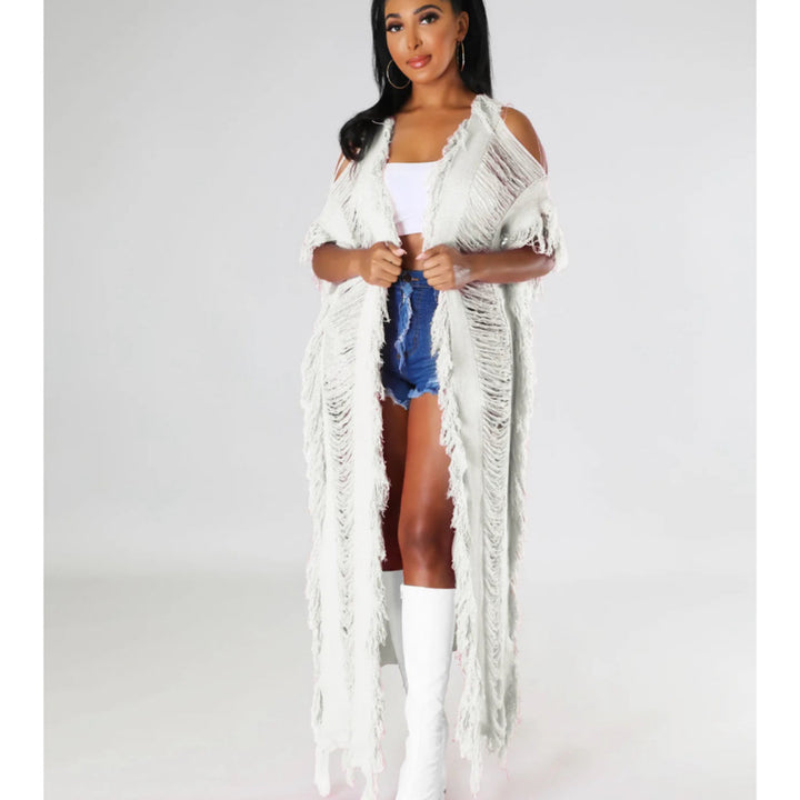 Elegant Knit Ribbed Short Sleeve Hole Tassel Side Maxi Long Cardigan Sweater Capes Ponchos Outcast