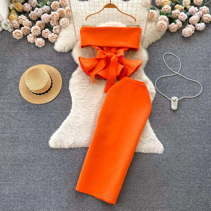 One Shoulder Waisted Ruffle Top Long Skirt Sets