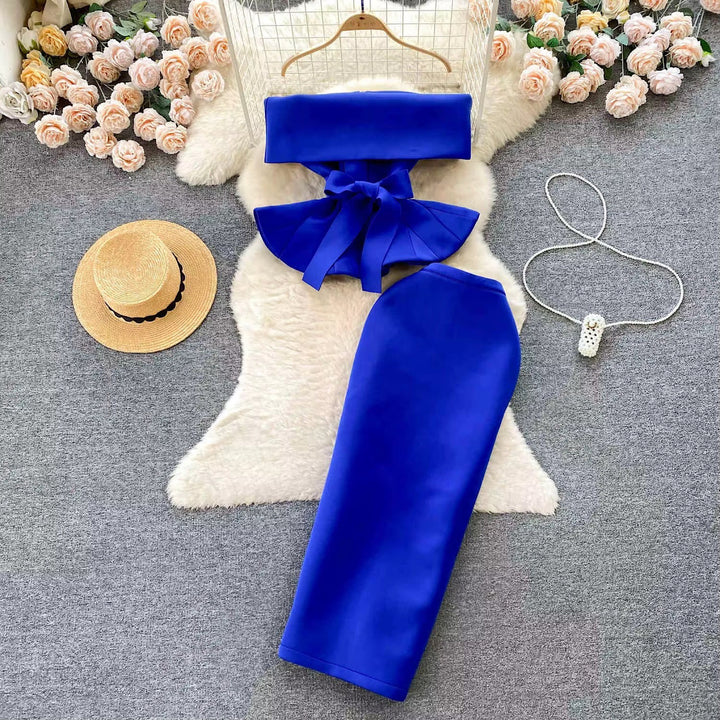 One Shoulder Waisted Ruffle Top Long Skirt Sets