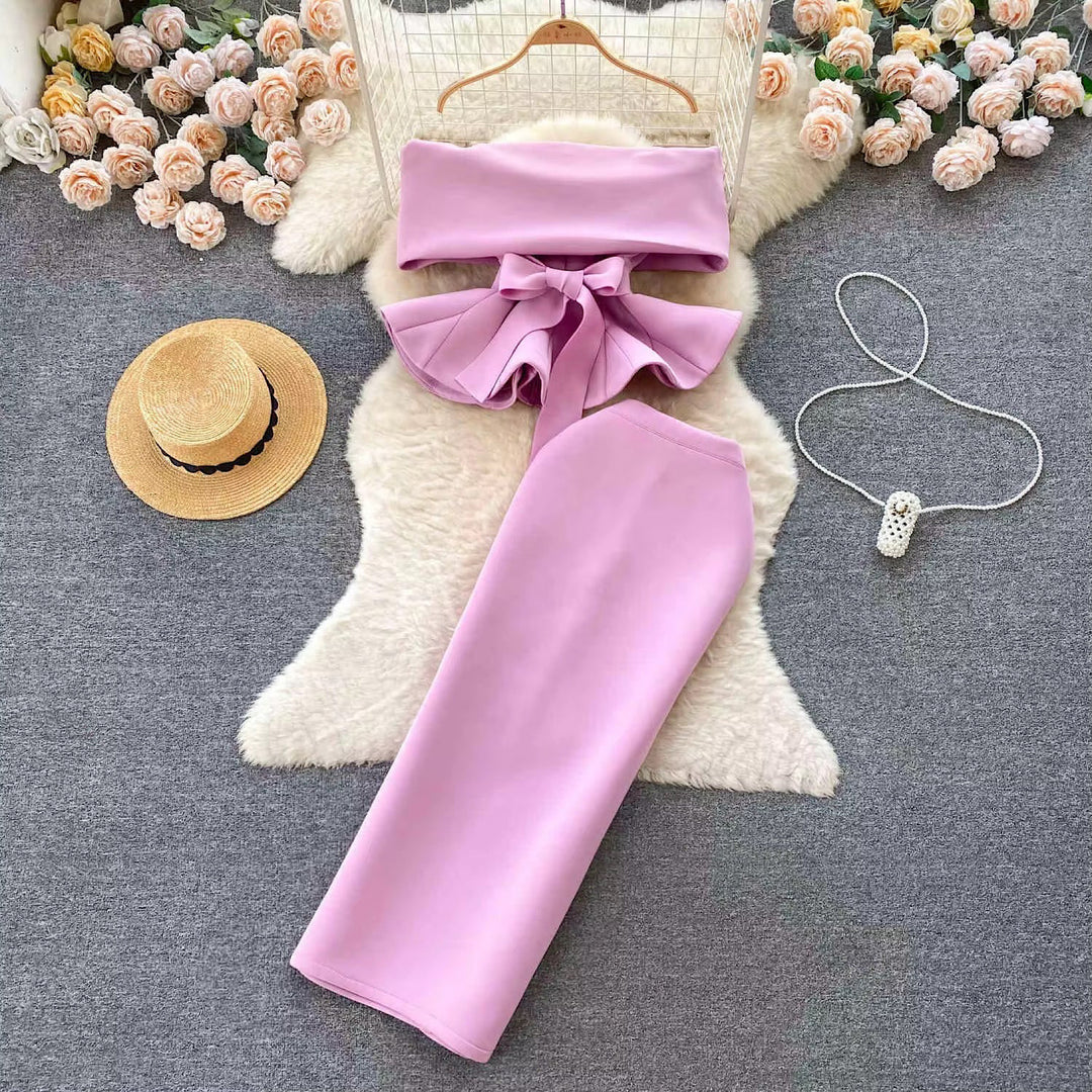 One Shoulder Waisted Ruffle Top Long Skirt Sets