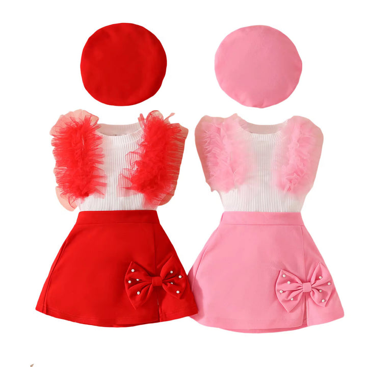 Mesh Ribbed Top with Bow Skirt 3 pieces