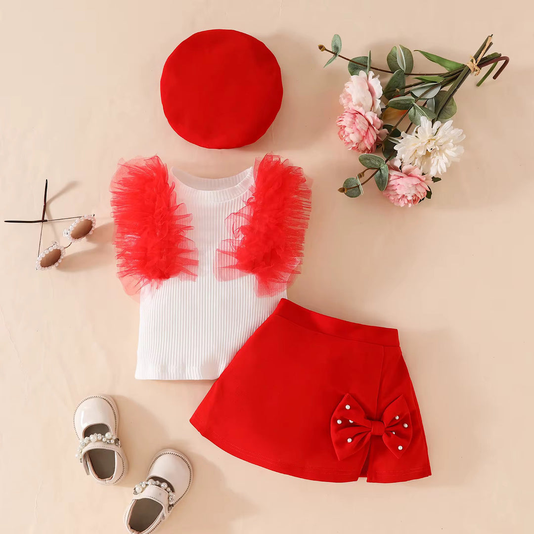 Mesh Ribbed Top with Bow Skirt 3 pieces