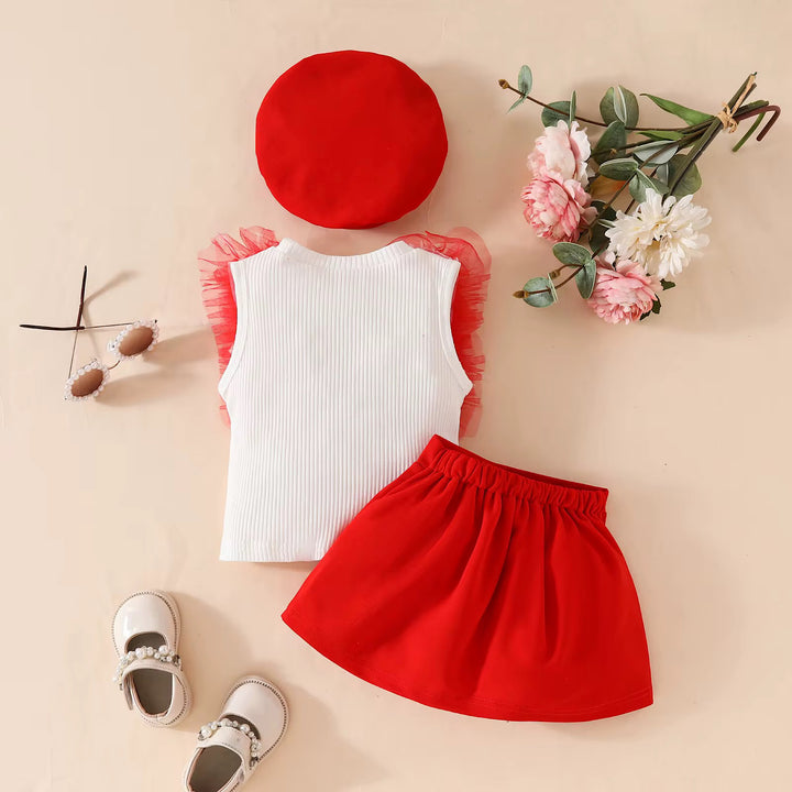 Mesh Ribbed Top with Bow Skirt 3 pieces