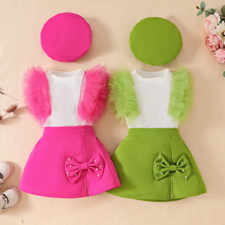 Mesh Ribbed Top with Bow Skirt 3 pieces