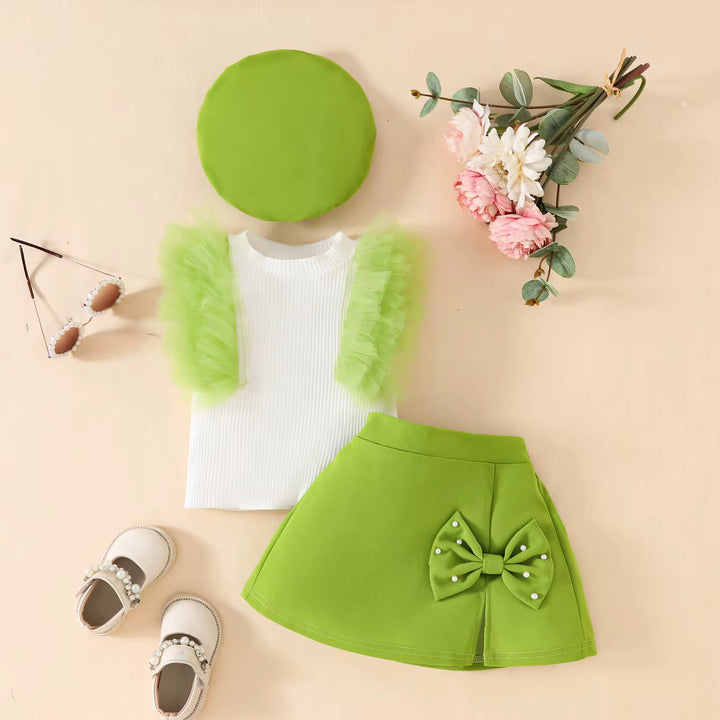 Mesh Ribbed Top with Bow Skirt 3 pieces