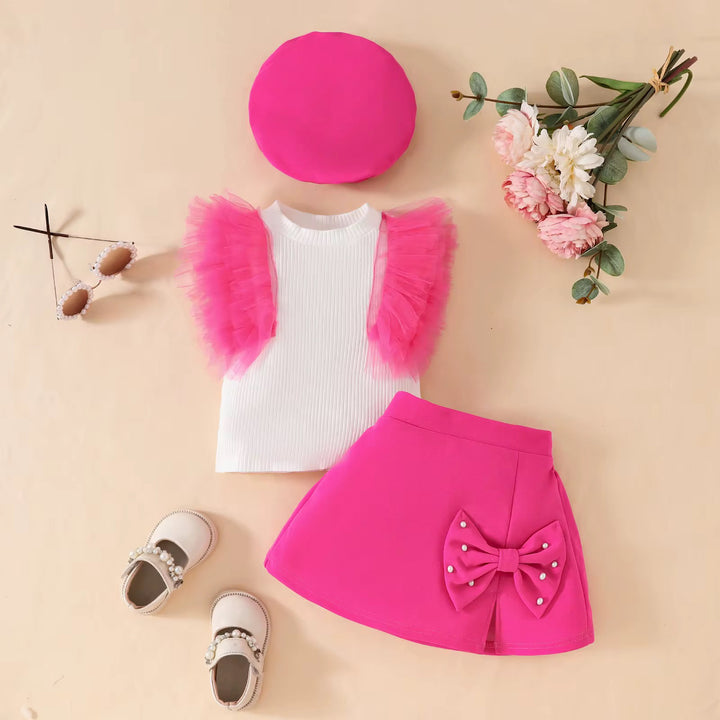 Mesh Ribbed Top with Bow Skirt 3 pieces
