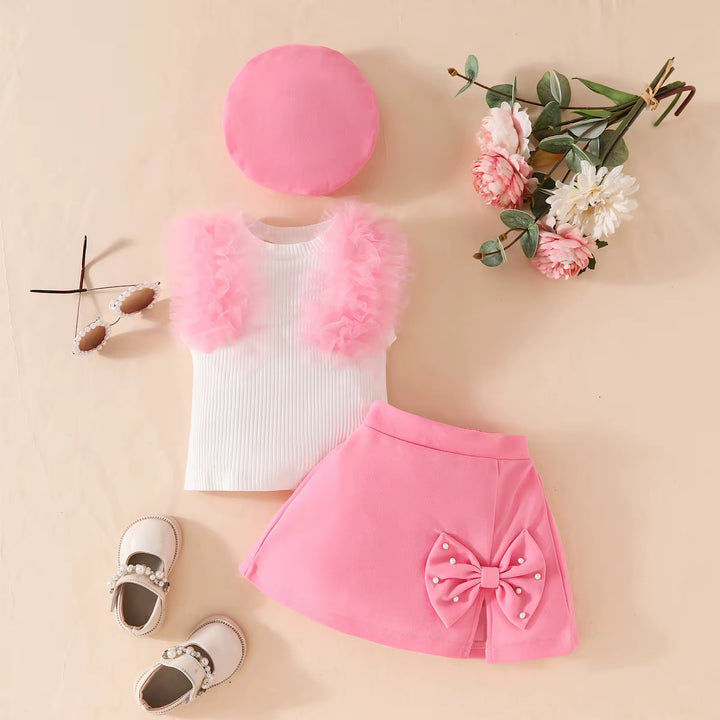Mesh Ribbed Top with Bow Skirt 3 pieces