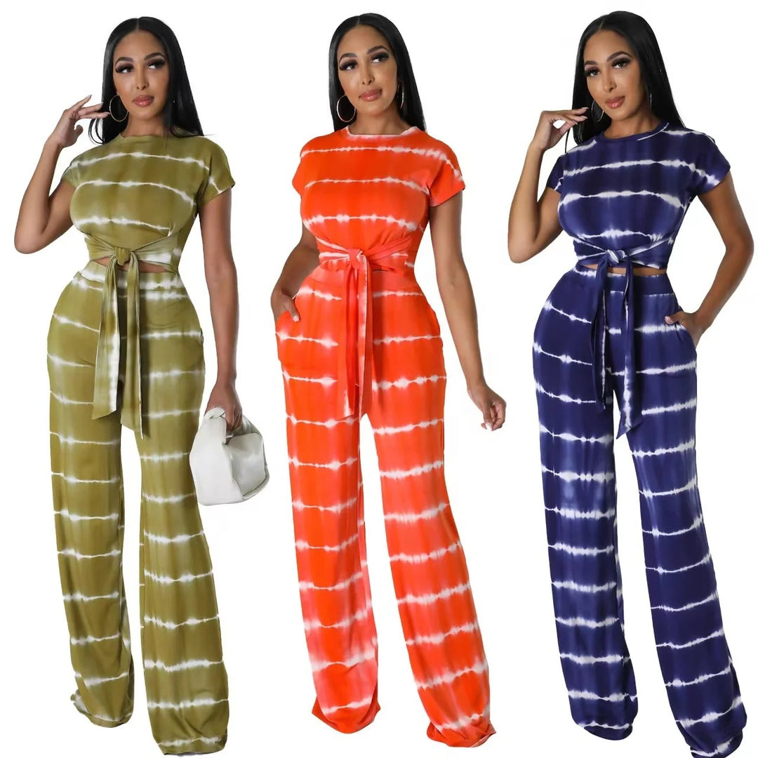 Tie Dye Color Crop Top T-shirt & Wide Leg Pants Casual Long-wear Women Sets