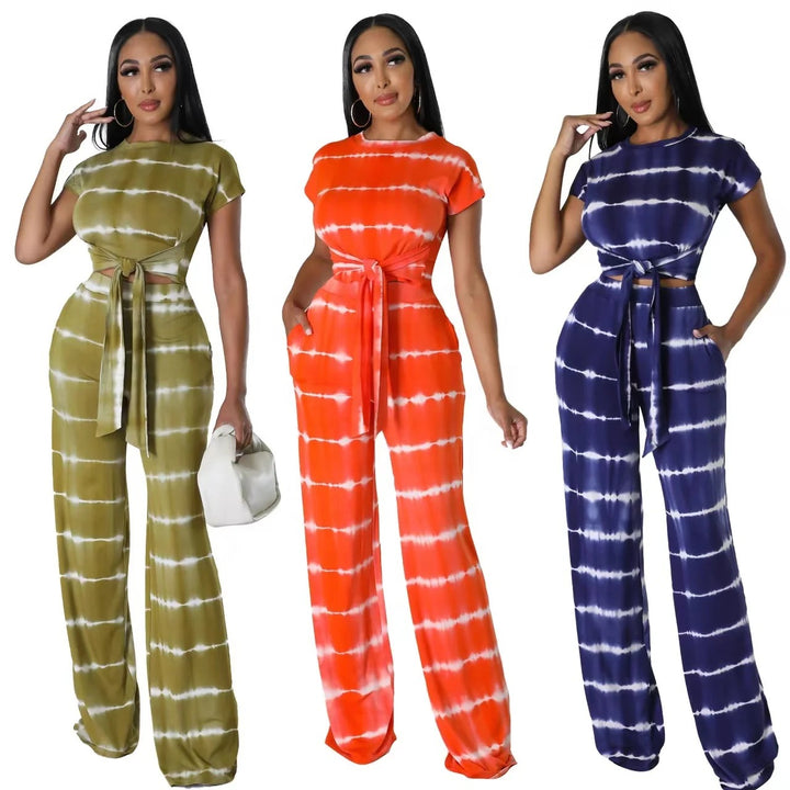 Tie Dye Color Crop Top T-shirt & Wide Leg Pants Casual Long-wear Women Sets