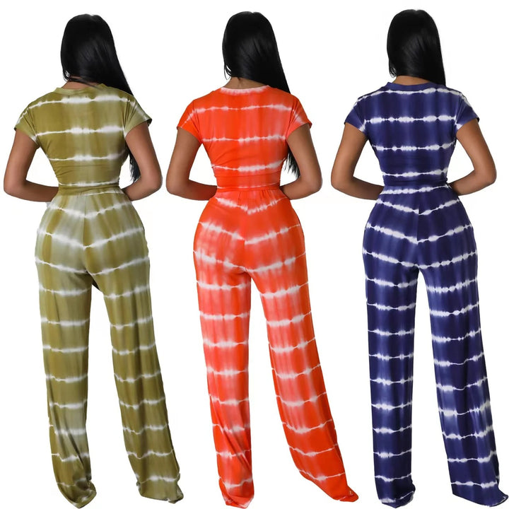 Tie Dye Color Crop Top T-shirt & Wide Leg Pants Casual Long-wear Women Sets