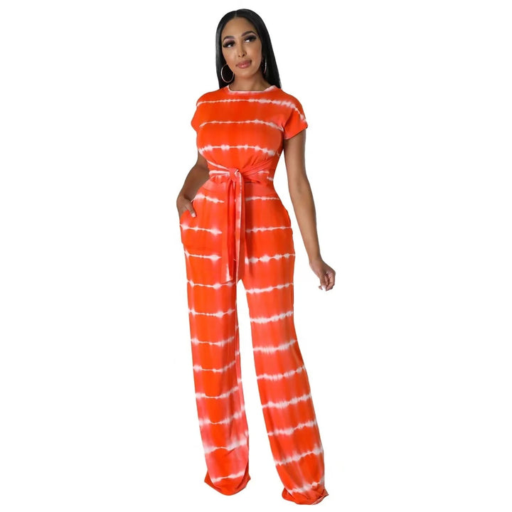 Tie Dye Color Crop Top T-shirt & Wide Leg Pants Casual Long-wear Women Sets