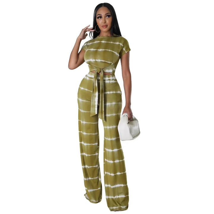 Tie Dye Color Crop Top T-shirt & Wide Leg Pants Casual Long-wear Women Sets