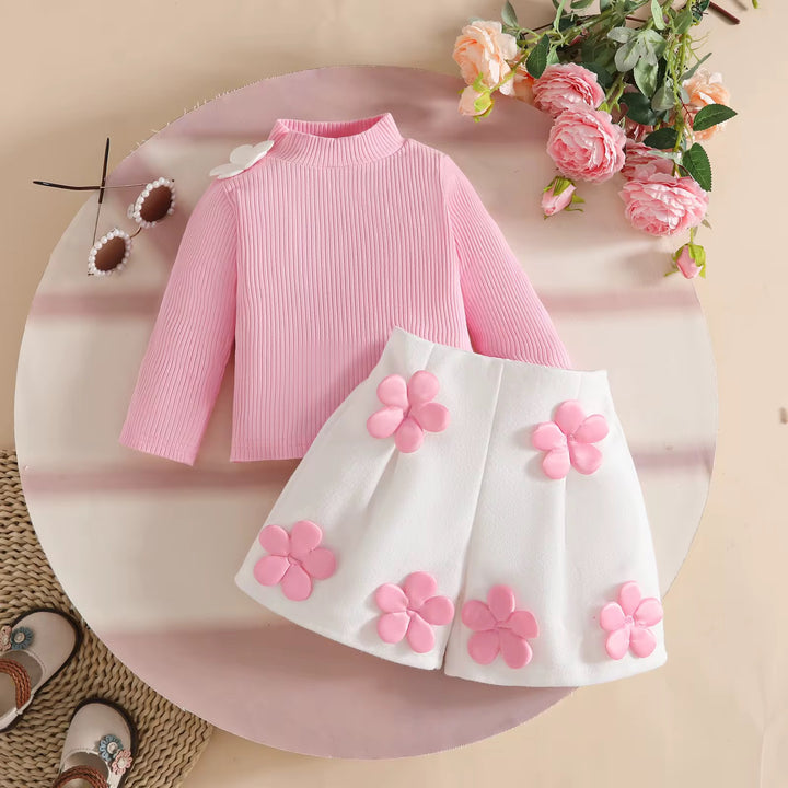 High Neck Decal Long Sleeve with Shorts sets
