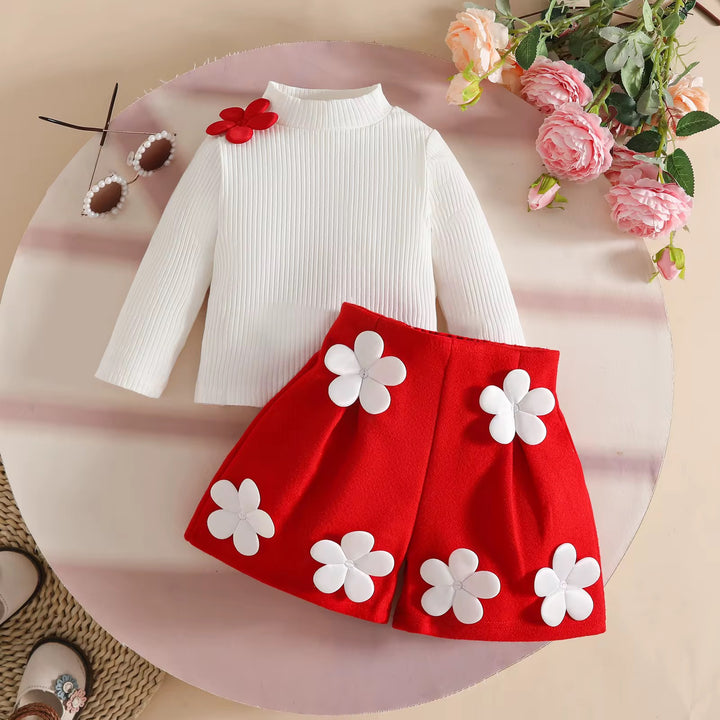 High Neck Decal Long Sleeve with Shorts sets