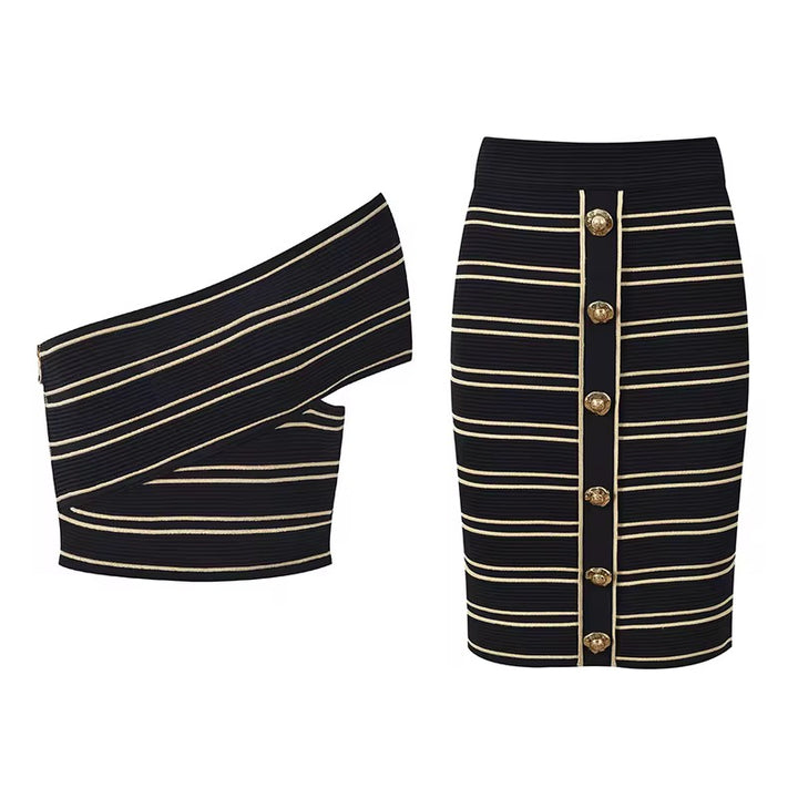Sexy one Shoulder Sleeveless Top with Slim Fitted Striped Skirt
