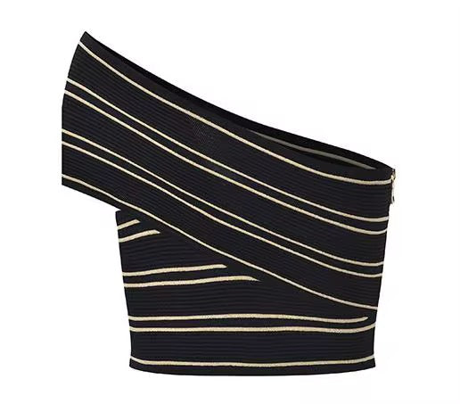 Sexy one Shoulder Sleeveless Top with Slim Fitted Striped Skirt