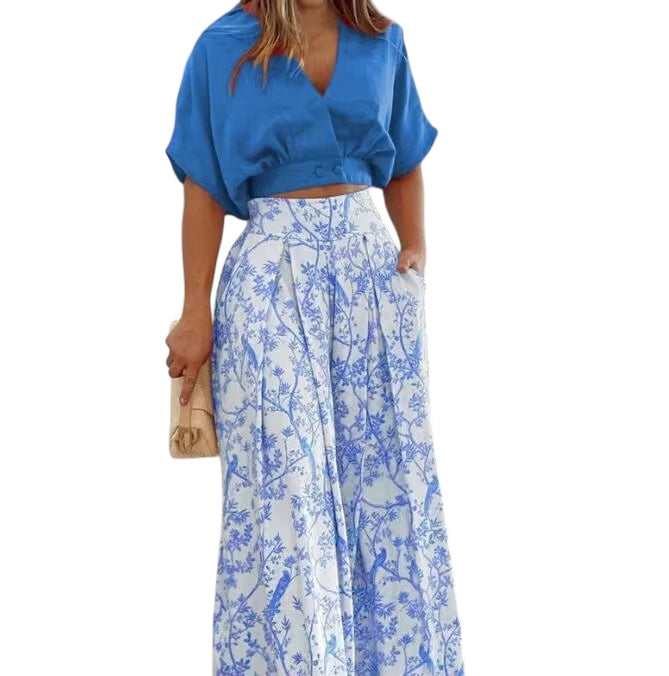 V-Neck Top Wide Leg Pant Sets