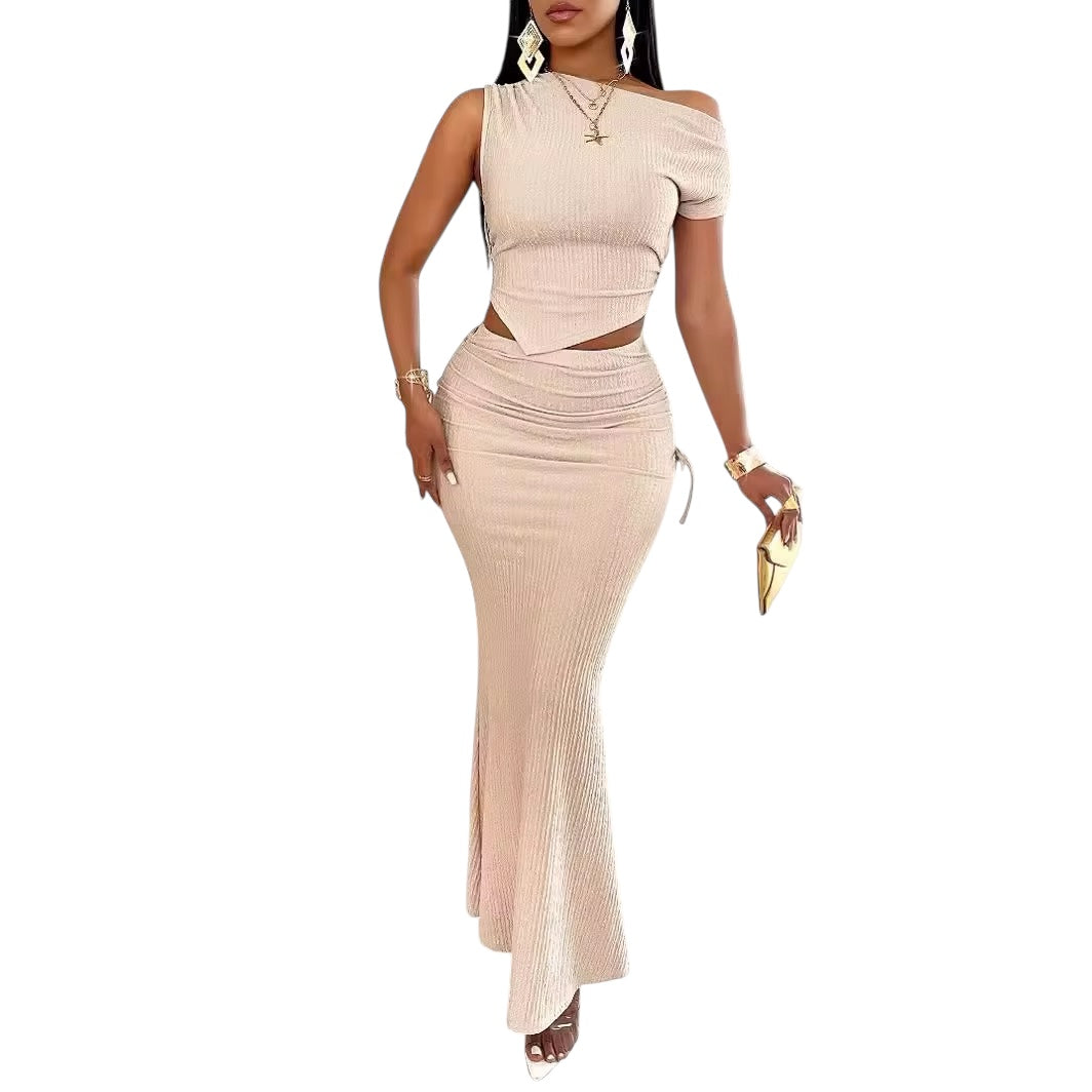 Asymmetric Top with Drawstring Long Skirt 