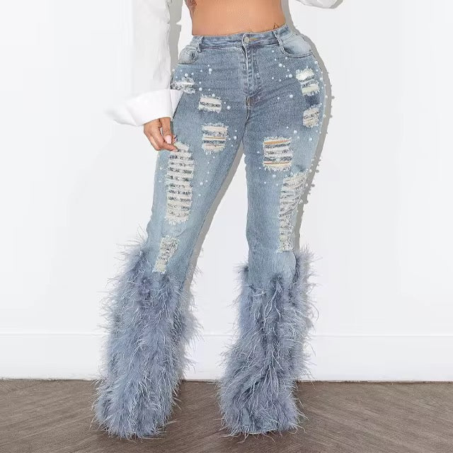 Pearl Furry Ripped Jeans