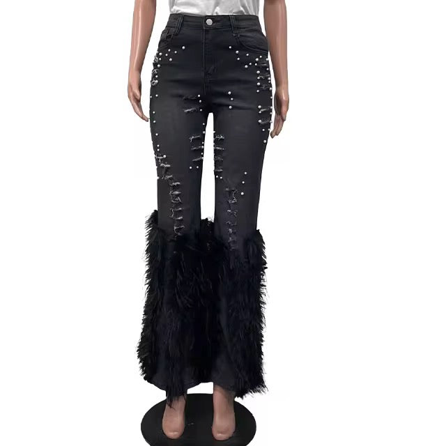 Pearl Furry Ripped Jeans