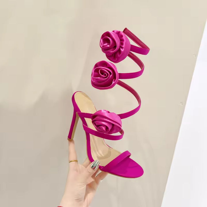 3D Silk Flower Cross Strap High Heel