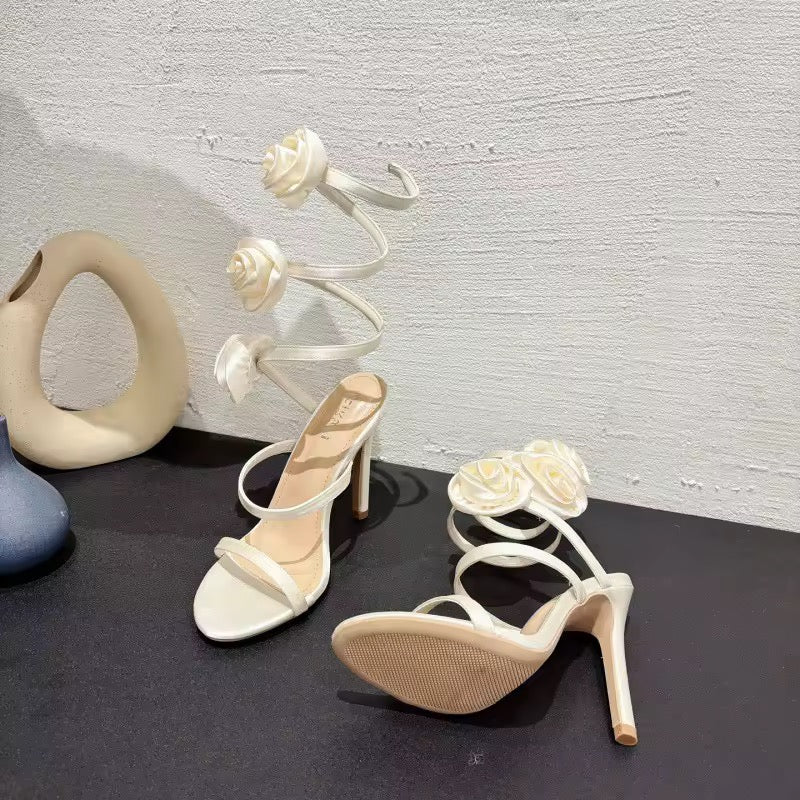 3D Silk Flower Cross Strap High Heel