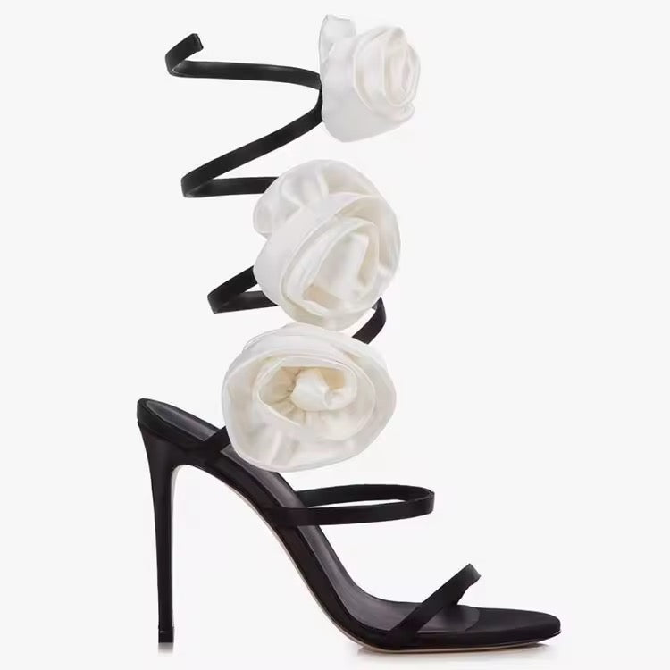 3D Silk Flower Cross Strap High Heel