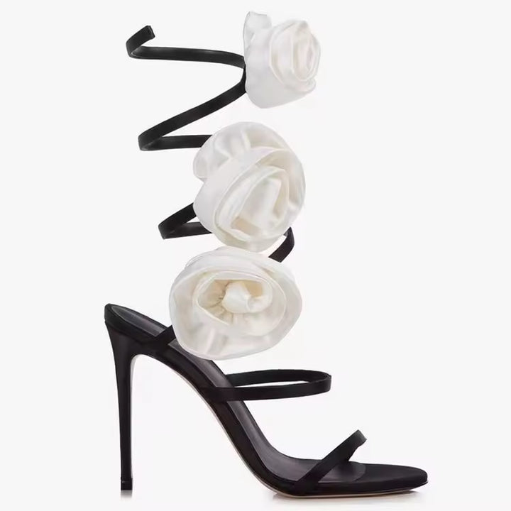 3D Silk Flower Cross Strap High Heel