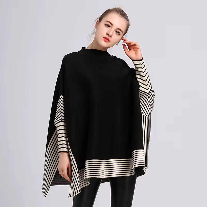 Crew Neck Batwing Sleeve Thick Pullover Cape Shawl Women Sweater
