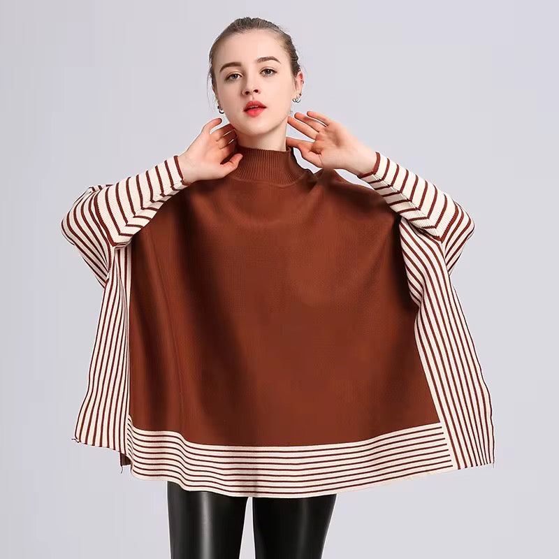 Crew Neck Batwing Sleeve Thick Pullover Cape Shawl Women Sweater