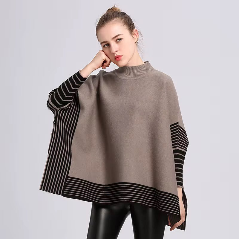 Crew Neck Batwing Sleeve Thick Pullover Cape Shawl Women Sweater