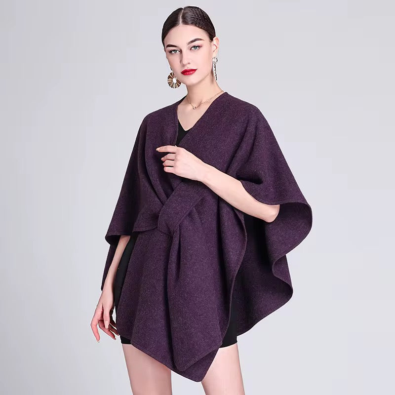 Elegant Plain Free Size Wool Winter Open Front Poncho