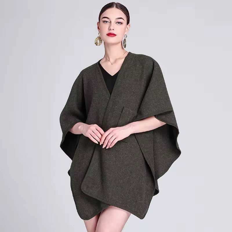 Elegant Plain Free Size Wool Winter Open Front Poncho