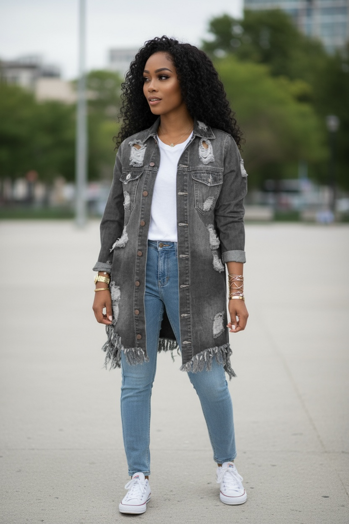 Denim Jacket Coat Women’s Solid Color Tassels Button Hole Long Windbreaker