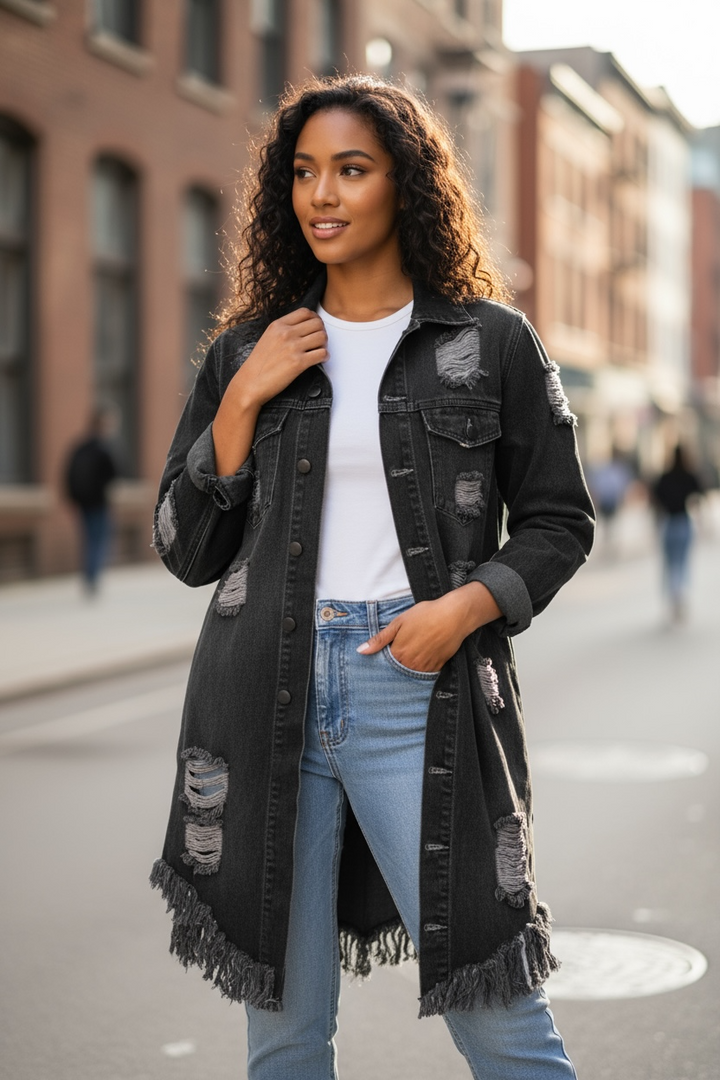 Denim Jacket Coat Women’s Solid Color Tassels Button Hole Long Windbreaker