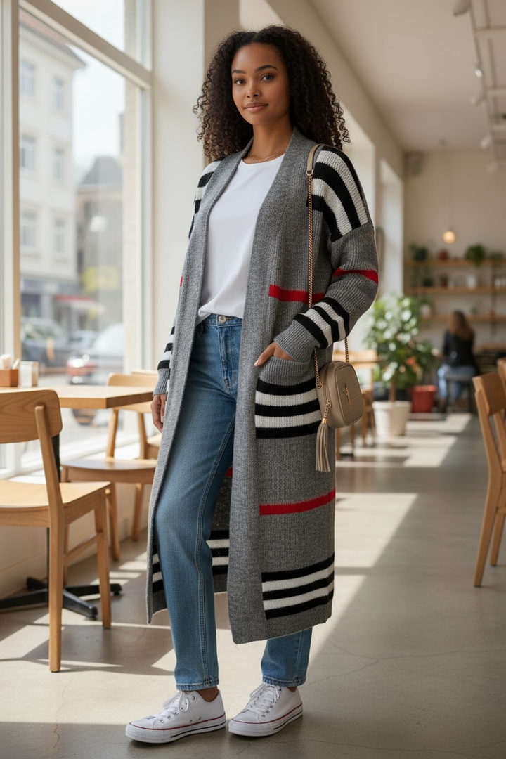 Long Stripped Knitted Cardigan Loose Plus Size Sweater