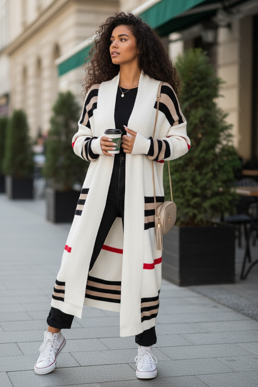 Long Stripped Knitted Cardigan Loose Plus Size Sweater