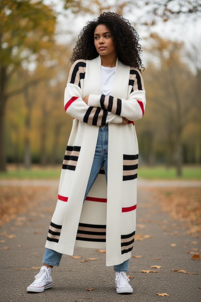 Long Stripped Knitted Cardigan Loose Plus Size Sweater