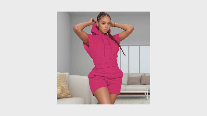 Sport Women Solid Color Drawstring Hoodie And Short
