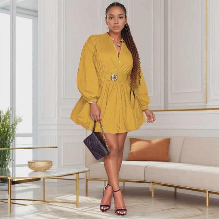 Autumn Women Clothes Fashion Elegant Long-sleeve Stand Neck Half Cadigan Casual Mini Dress